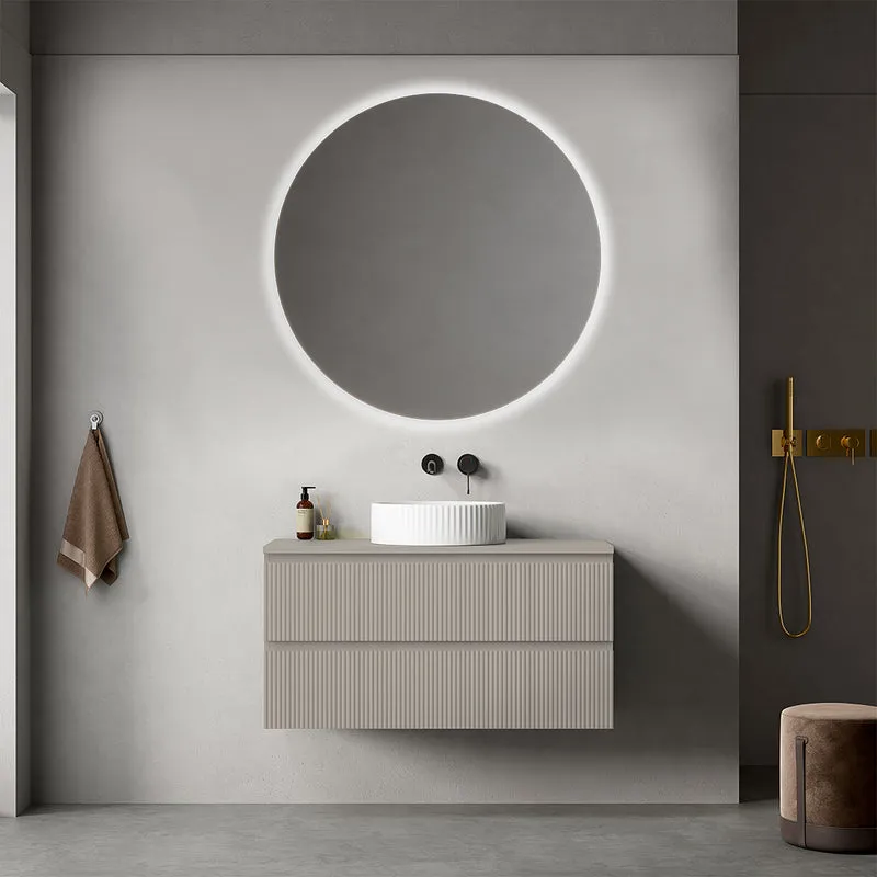 Mobile bagno sospeso cannettato 100 cm Grigio Cenere per Lavabo d'appoggio Specchio Tondo Retroilluminato - Fiji Paint Top Canneté