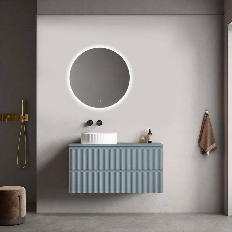 Mobile bagno sospeso cannettato reversibile 100 cm Blu Avio per Lavabo d'appoggio Specchio Tondo Retroilluminato - Fiji Paint Top Canneté