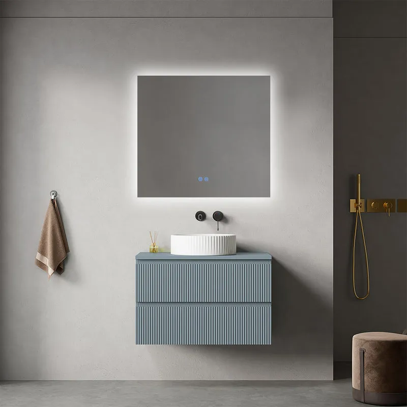 Mobile bagno sospeso cannettato 80 cm Blu Avio per Lavabo d'appoggio Specchio Quadro Retroilluminato - Fiji Paint Top Canneté