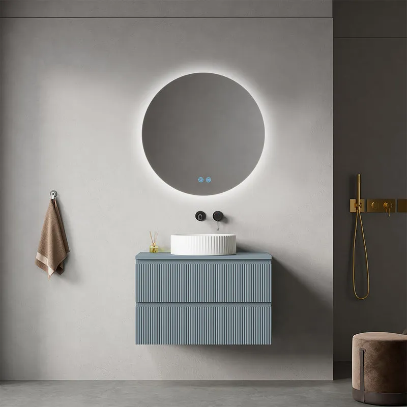 Mobile bagno sospeso cannettato 80 cm Blu Avio per Lavabo d'appoggio Specchio Tondo Retroilluminato - Fiji Paint Top Canneté