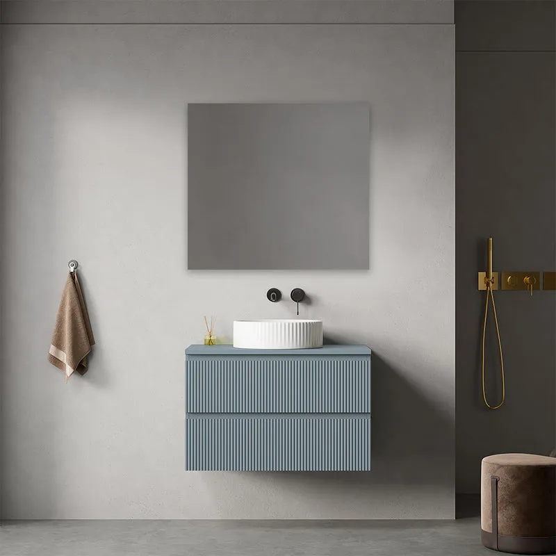 Mobile bagno sospeso cannettato 80 cm Blu Avio per Lavabo d'appoggio Specchio Quadro - Fiji Paint Top Canneté