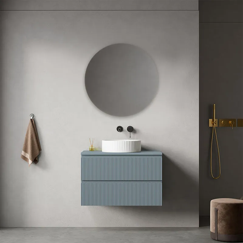 Mobile bagno sospeso cannettato 80 cm Blu Avio per Lavabo d'appoggio Specchio Tondo - Fiji Paint Top Canneté