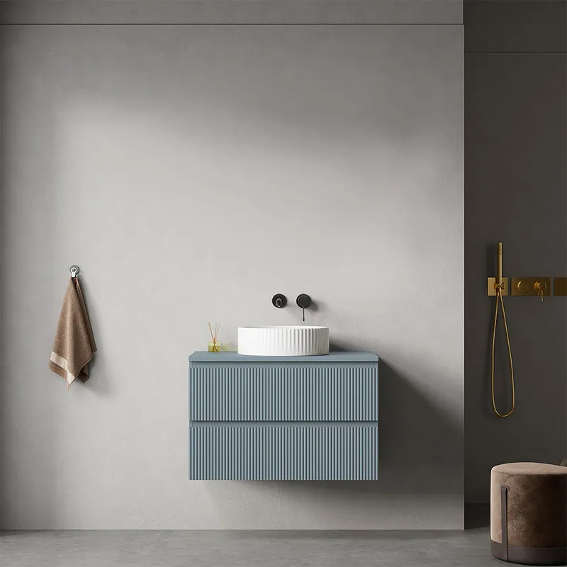 Mobile bagno sospeso cannettato 80 cm Blu Avio per Lavabo d'appoggio Senza Specchio - Fiji Paint Top Canneté