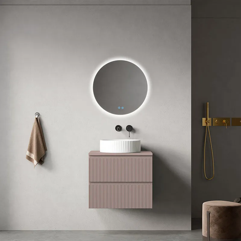 Mobile bagno sospeso cannettato 60 cm Rosa Retrò per Lavabo d'appoggio Specchio Tondo Retroilluminato - Fiji Paint Top Canneté
