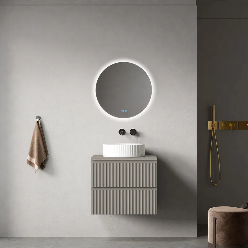 Mobile bagno sospeso cannettato 60 cm Grigio Cenere per Lavabo d'appoggio Specchio Tondo Retroilluminato - Fiji Paint Top Canneté