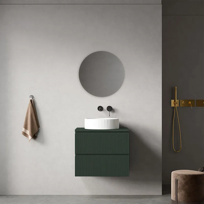 Mobile bagno sospeso cannettato 60 cm Verde Comodoro per Lavabo d'appoggio Specchio Tondo Retroilluminato - Fiji Paint Top Canneté