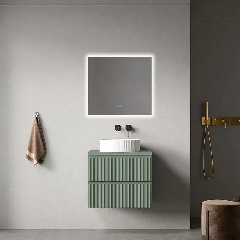 Mobile bagno sospeso cannettato 60 cm Verde Salvia per Lavabo d'appoggio Specchio Quadro Retroilluminato - Fiji Paint Top Canneté