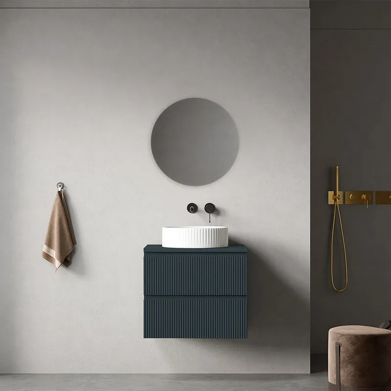 Mobile bagno sospeso cannettato 60 cm Blu Mare per Lavabo d'appoggio Specchio Tondo - Fiji Paint Top Canneté