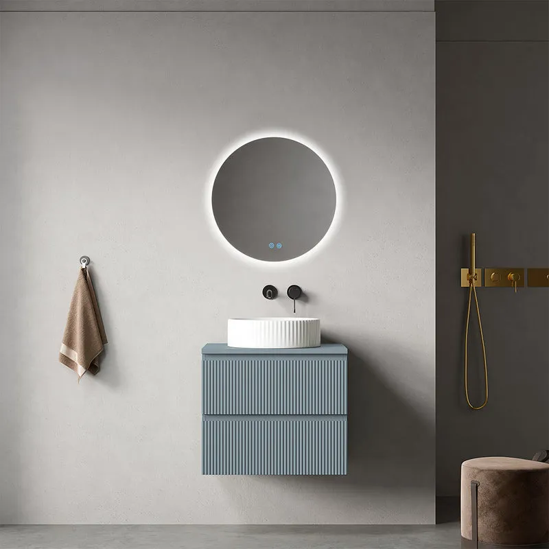 Mobile bagno sospeso cannettato 60 cm Blu Avio per Lavabo d'appoggio Specchio Tondo Retroilluminato - Fiji Paint Top Canneté