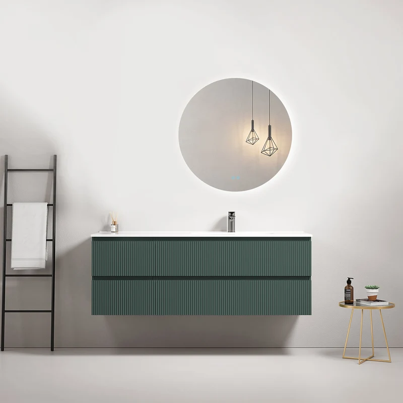 Mobile bagno sospeso cannettato 140 cm Verde Comodoro Lavabo a Destra in Resina Specchio Tondo Retroilluminato - Fiji Paint
