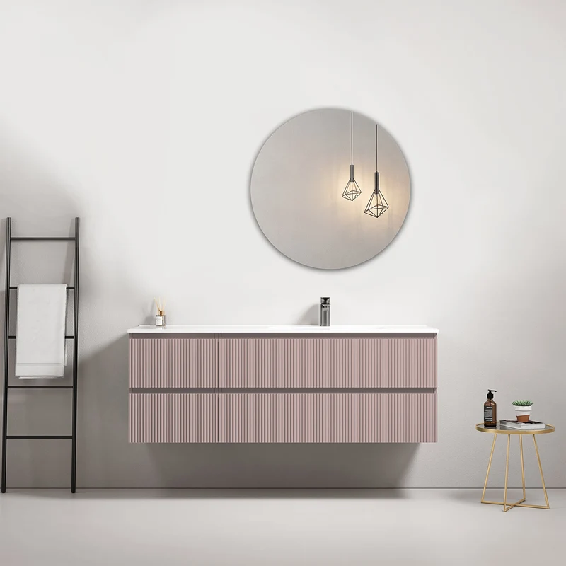 Mobile bagno sospeso cannettato 140 cm Rosa Retro Lavabo a Destra in Resina Specchio Tondo - Fiji Paint
