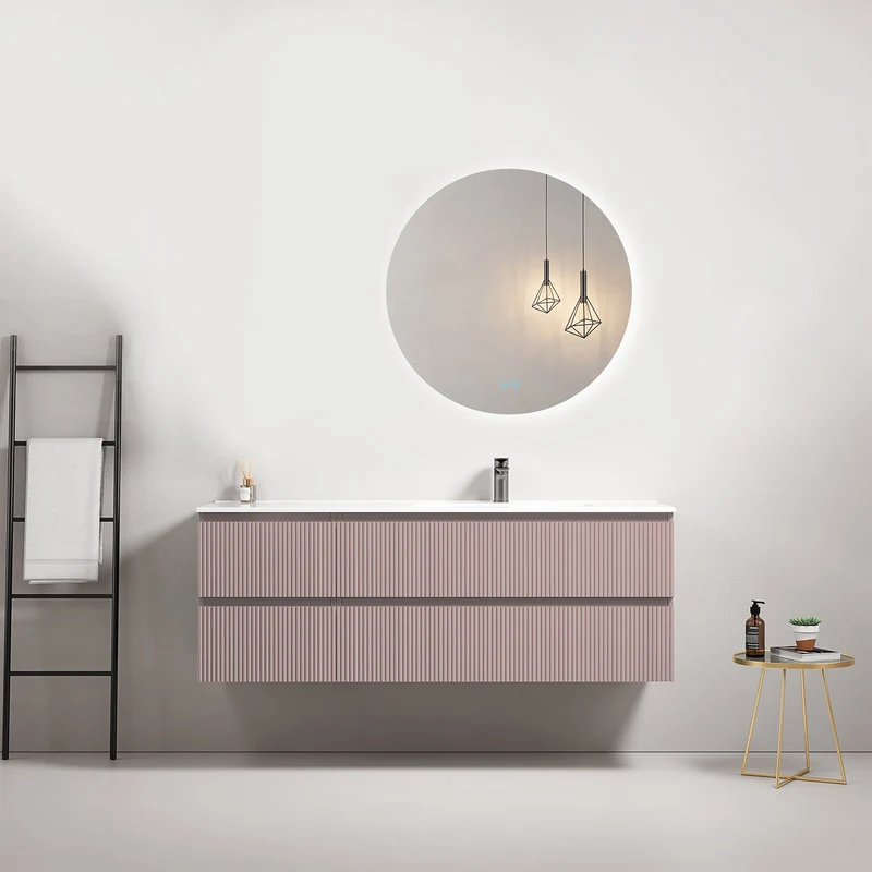 Mobile bagno sospeso cannettato 140 cm Rosa Retro Lavabo a Destra in Resina Specchio Tondo Retroilluminato - Fiji Paint