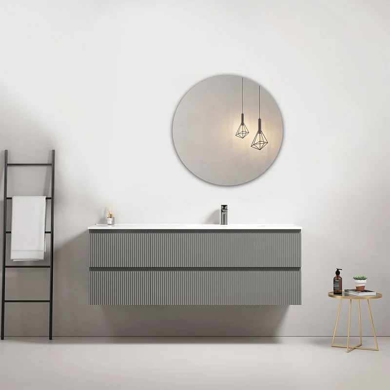 Mobile bagno sospeso cannettato 140 cm Grigio Londra Lavabo a Destra in Resina Specchio Tondo - Fiji Paint