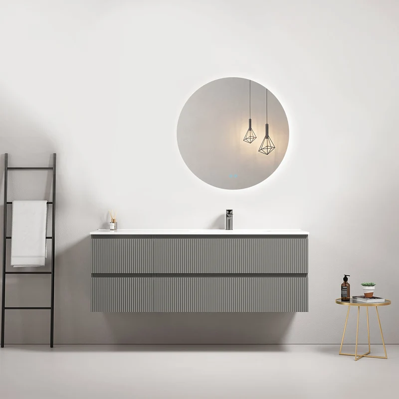 Mobile bagno sospeso cannettato 140 cm Grigio Londra Lavabo a Destra in Resina Specchio Tondo Retroilluminato - Fiji Paint