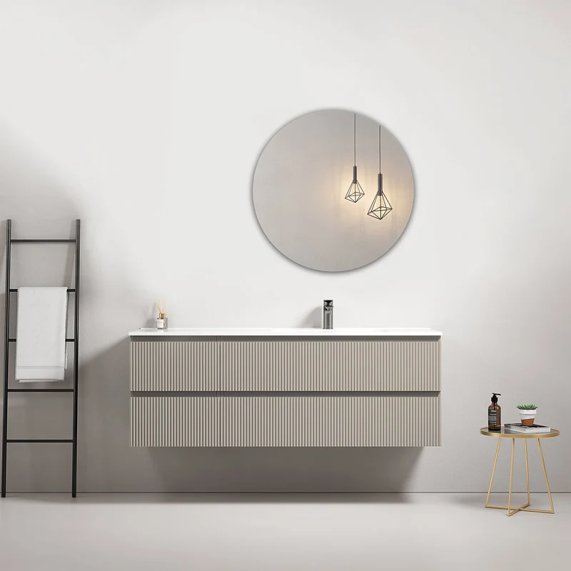Mobile bagno sospeso cannettato 140 cm Grigio Cenere Lavabo a Destra in Resina Specchio Tondo - Fiji Paint