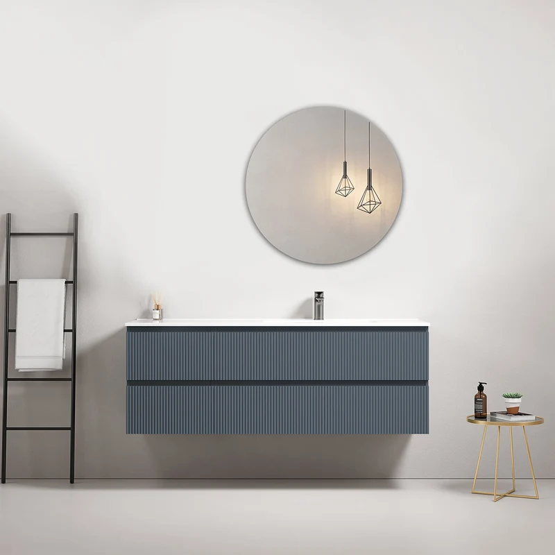 Mobile bagno sospeso cannettato 140 cm Blu Mare Lavabo a Destra in Resina Specchio Tondo - Fiji Paint