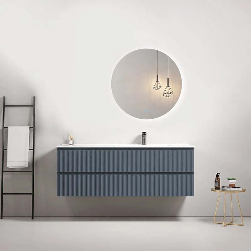 Mobile bagno sospeso cannettato 140 cm Blu Mare Lavabo a Destra in Resina Specchio Tondo Retroilluminato - Fiji Paint