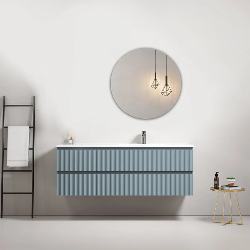 Mobile bagno sospeso cannettato 140 cm Blu Avio Lavabo a Destra in Resina Specchio Tondo - Fiji Paint