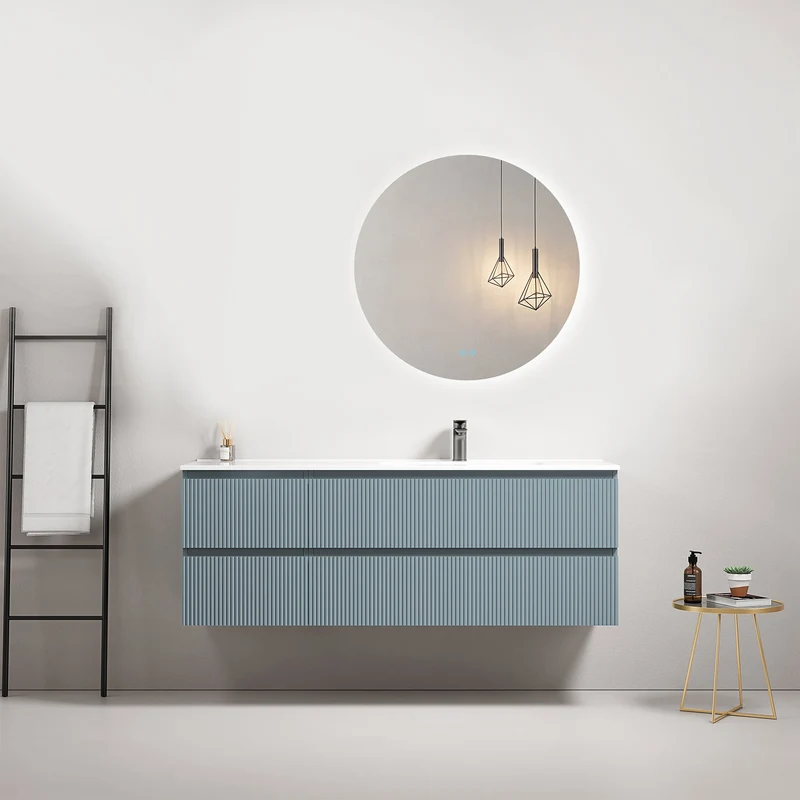 Mobile bagno sospeso cannettato 140 cm Blu Avio Lavabo a Destra in Resina Specchio Tondo Retroilluminato - Fiji Paint