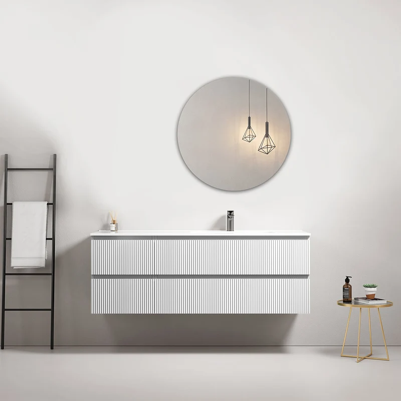 Mobile bagno sospeso cannettato 140 cm Bianco Lavabo a Destra in Resina Specchio Tondo - Fiji Paint