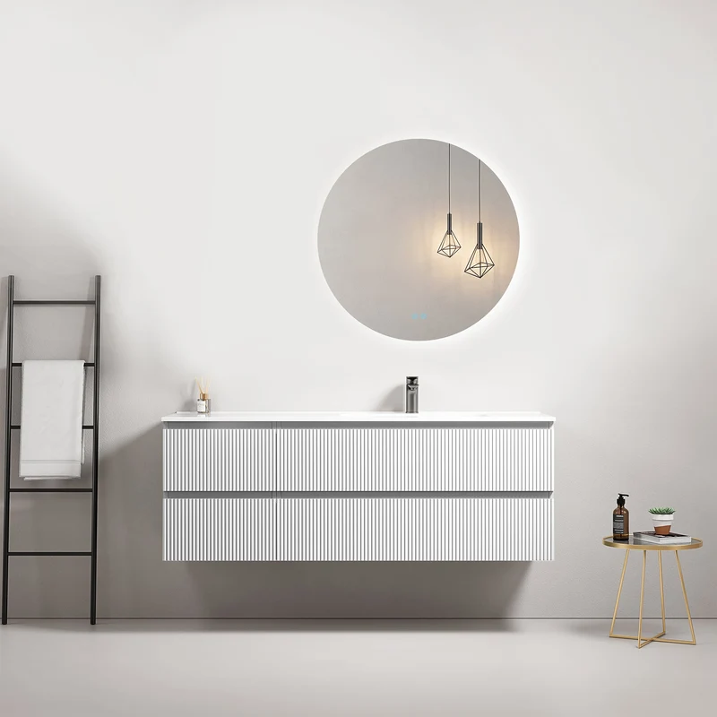 Mobile bagno sospeso cannettato 140 cm Bianco Lavabo a Destra in Resina Specchio Tondo Retroilluminato - Fiji Paint