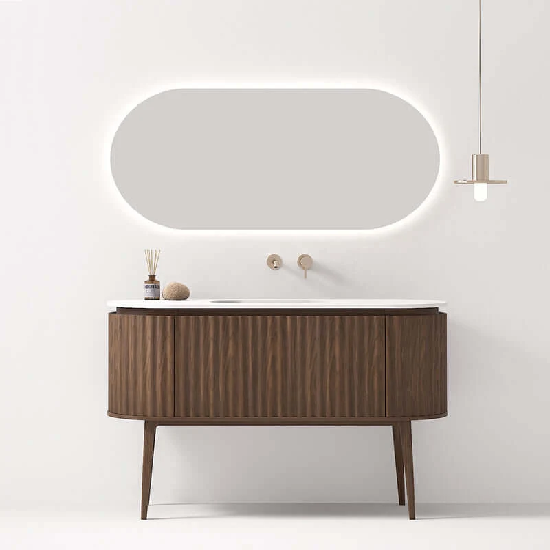 Mobile Bagno A Terra 140 cm Rovere Scuro Specchio Ovale Retroilluminato - Reid
