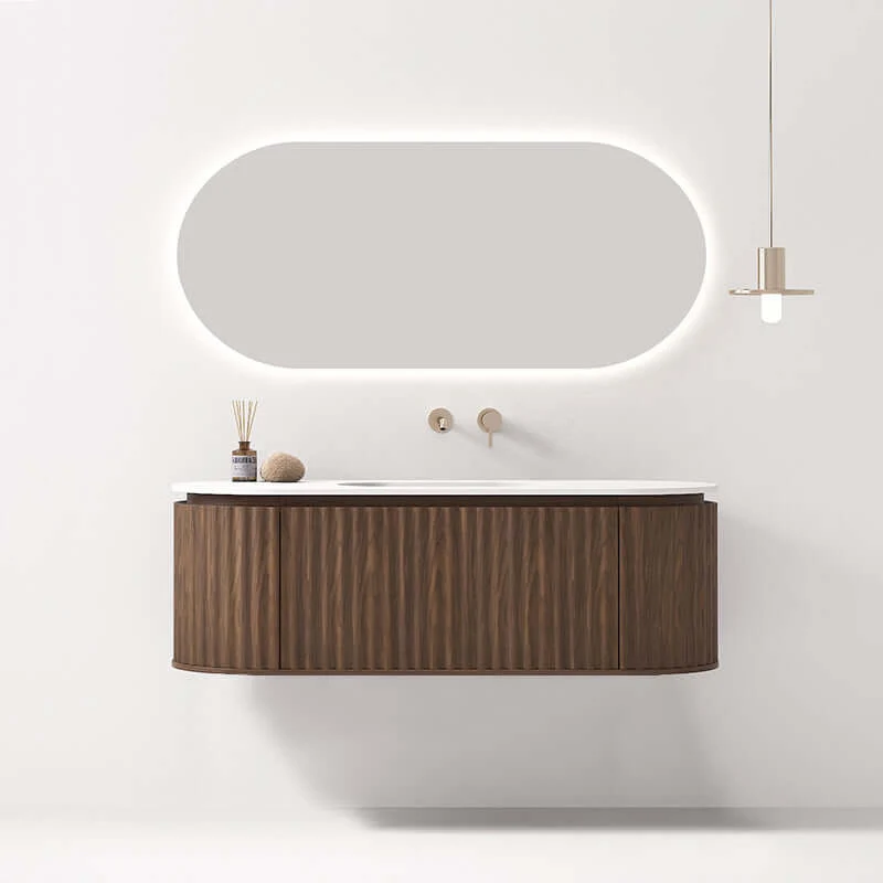 Mobile Bagno Sospeso 140 cm Rovere Scuro Specchio Ovale Retroilluminato - Reid