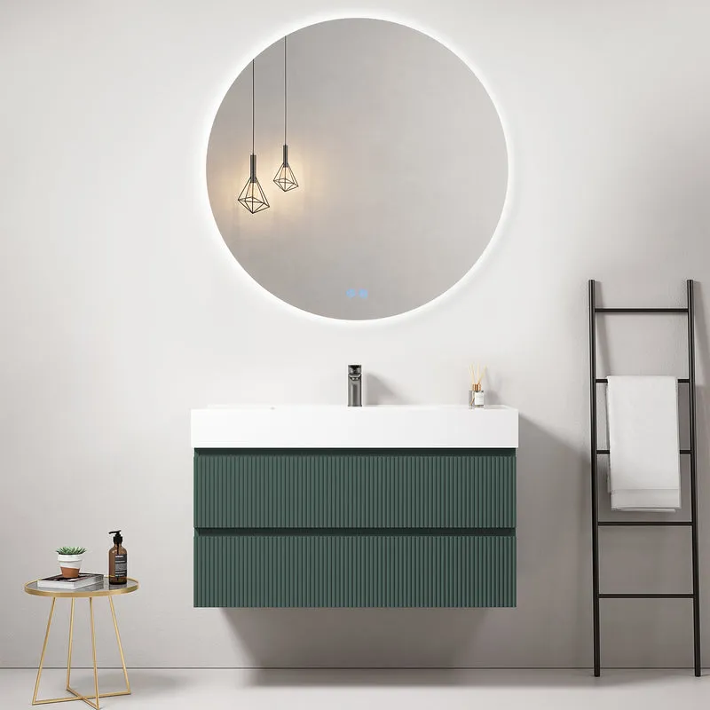 Mobile bagno sospeso cannettato 100 cm Verde Comodoro Lavabo in Resina Specchio Tondo Retroilluminato - Fiji Paint