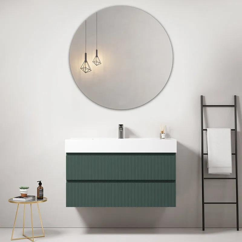 Mobile bagno sospeso cannettato 100 cm Verde Comodoro Lavabo in Resina Specchio Tondo - Fiji Paint