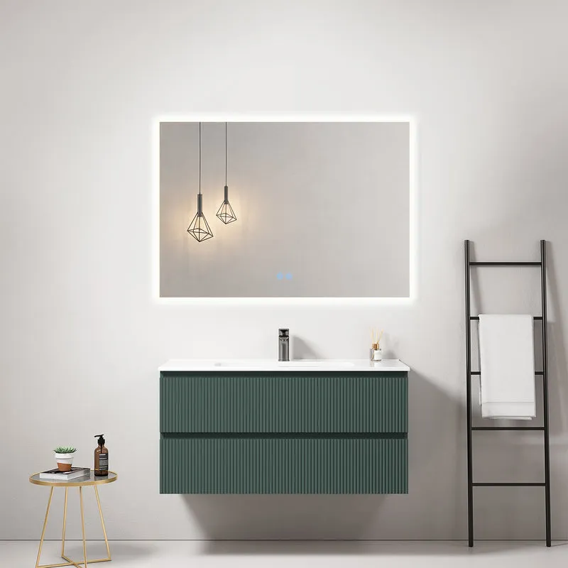 Mobile bagno sospeso cannettato 100 cm Verde Comodoro Lavabo in Ceramica Specchio Quadro Retroilluminato - Fiji Paint