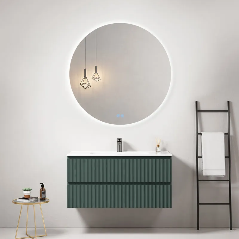 Mobile bagno sospeso cannettato 100 cm Verde Comodoro Lavabo in Ceramica Specchio Tondo Retroilluminato - Fiji Paint