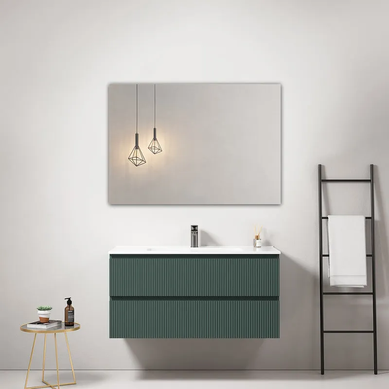 Mobile bagno sospeso cannettato 100 cm Verde Comodoro Lavabo in Ceramica Specchio Quadro - Fiji Paint