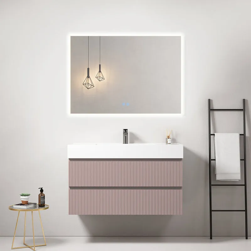 Mobile bagno sospeso cannettato 100 cm Rosa Retro Lavabo in Resina Specchio Quadro Retroilluminato - Fiji Paint