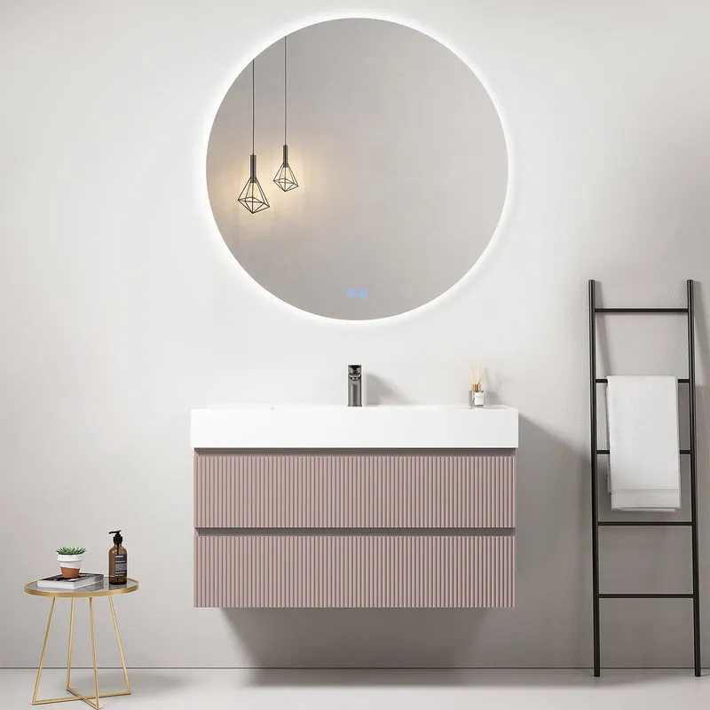 Mobile bagno sospeso cannettato 100 cm Rosa Retro Lavabo in Resina Specchio Tondo Retroilluminato - Fiji Paint