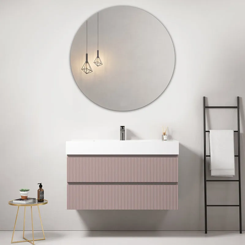 Mobile bagno sospeso cannettato 100 cm Rosa Retro Lavabo in Resina Specchio Tondo - Fiji Paint