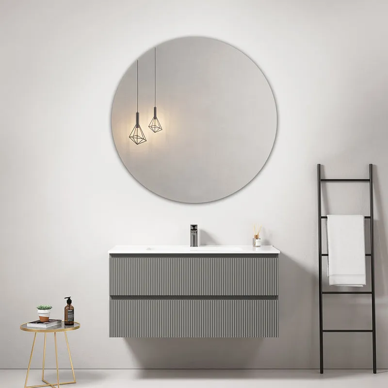 Mobile bagno sospeso cannettato 100 cm Grigio Londra Lavabo in Ceramica Specchio Tondo - Fiji Paint