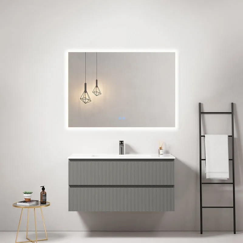 Mobile bagno sospeso cannettato 100 cm Grigio Londra Lavabo in Ceramica Specchio Quadro Retroilluminato - Fiji Paint