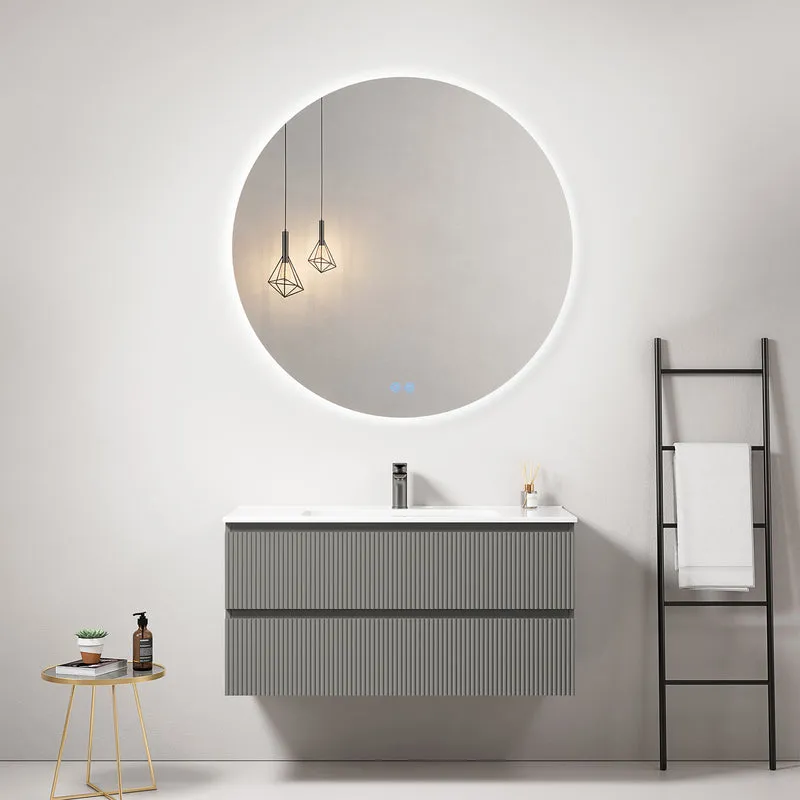 Mobile bagno sospeso cannettato 100 cm Grigio Londra Lavabo in Ceramica Specchio Tondo Retroilluminato - Fiji Paint