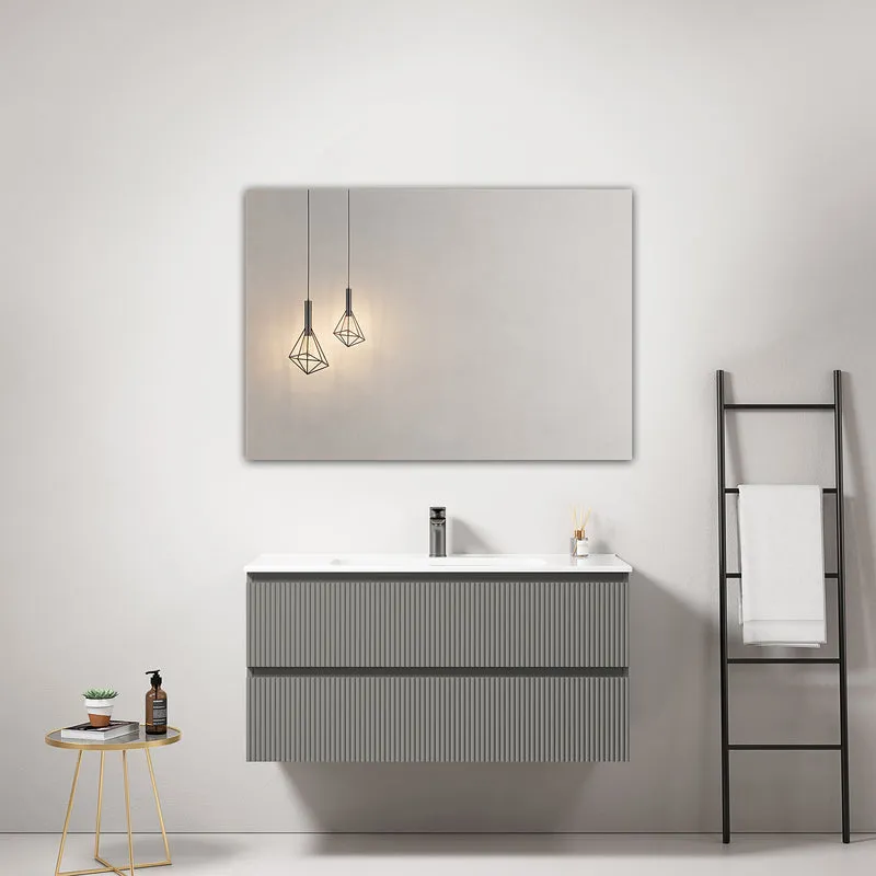 Mobile bagno sospeso cannettato 100 cm Grigio Londra Lavabo in Ceramica Specchio Quadro - Fiji Paint