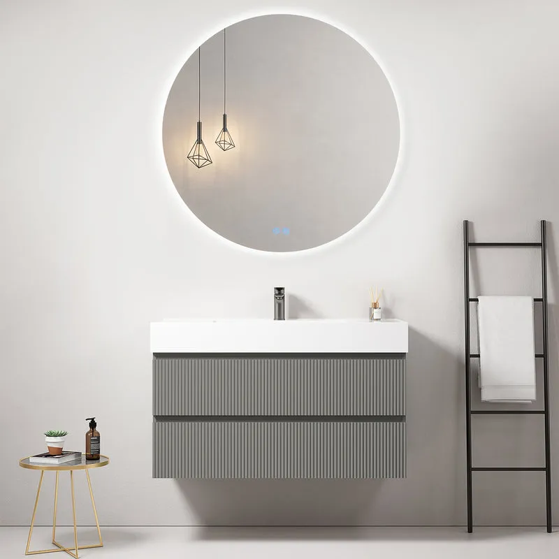Mobile bagno sospeso cannettato 100 cm Grigio Londra Lavabo in Resina Specchio Tondo Retroilluminato - Fiji Paint