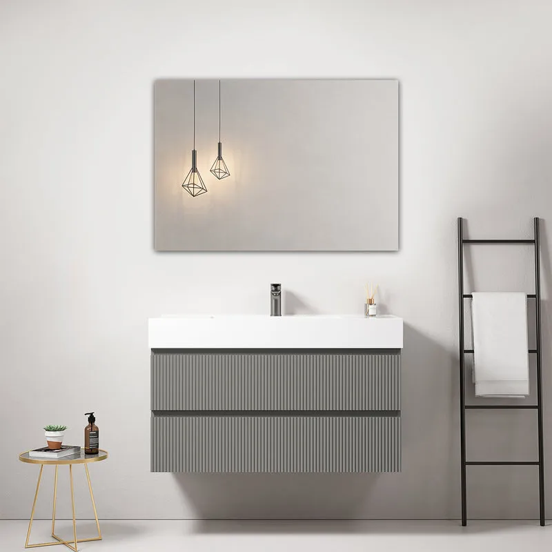 Mobile bagno sospeso cannettato 100 cm Grigio Londra Lavabo in Resina Specchio Quadro - Fiji Paint