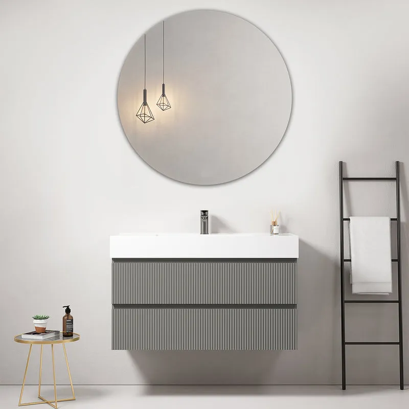 Mobile bagno sospeso cannettato 100 cm Grigio Londra Lavabo in Resina Specchio Tondo - Fiji Paint