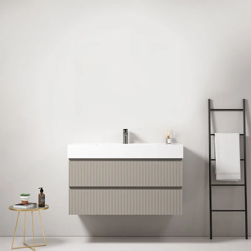 Mobile bagno sospeso cannettato 100 cm Grigio Cenere Lavabo in Resina Senza Specchio - Fiji Paint