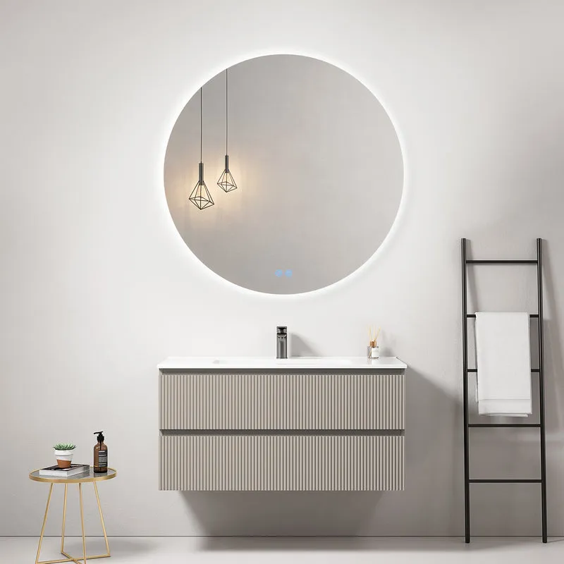 Mobile bagno sospeso cannettato 100 cm Grigio Cenere Lavabo in Ceramica Specchio Tondo Retroilluminato - Fiji Paint