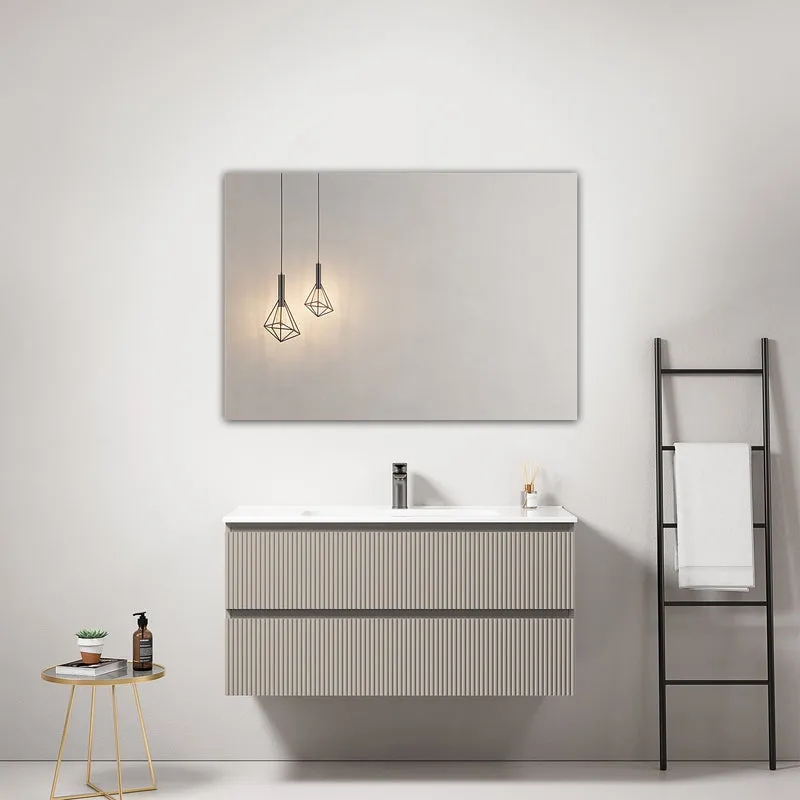 Mobile bagno sospeso cannettato 100 cm Grigio Cenere Lavabo in Ceramica Specchio Quadro - Fiji Paint