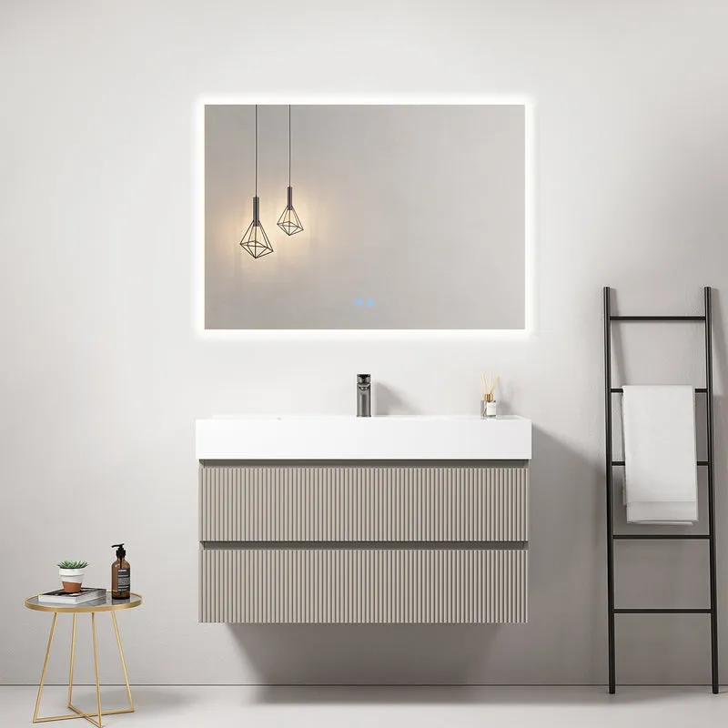 Mobile bagno sospeso cannettato 100 cm Grigio Cenere Lavabo in Resina Specchio Quadro Retroilluminato - Fiji Paint