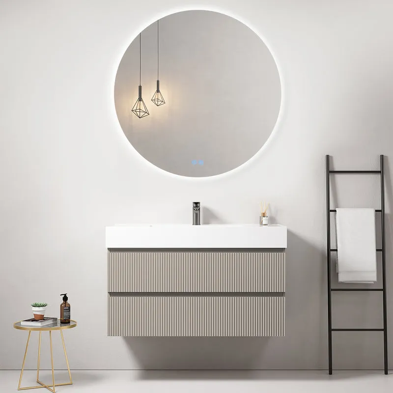 Mobile bagno sospeso cannettato 100 cm Grigio Cenere Lavabo in Resina Specchio Tondo Retroilluminato - Fiji Paint