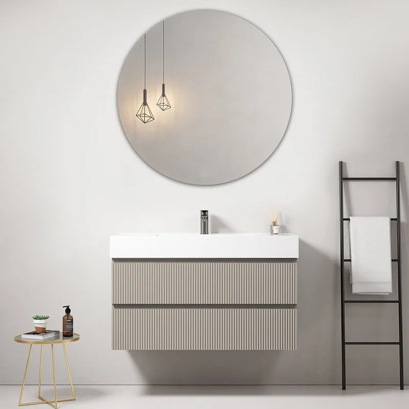 Mobile bagno sospeso cannettato 100 cm Grigio Cenere Lavabo in Resina Specchio Tondo - Fiji Paint
