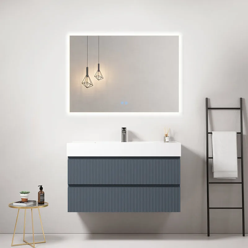Mobile bagno sospeso cannettato 100 cm Blu Mare Lavabo in Resina Specchio Quadro Retroilluminato - Fiji Paint