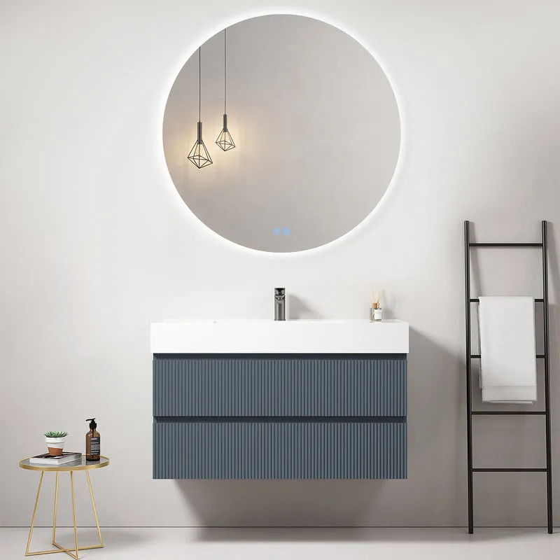 Mobile bagno sospeso cannettato 100 cm Blu Mare Lavabo in Resina Specchio Tondo Retroilluminato - Fiji Paint
